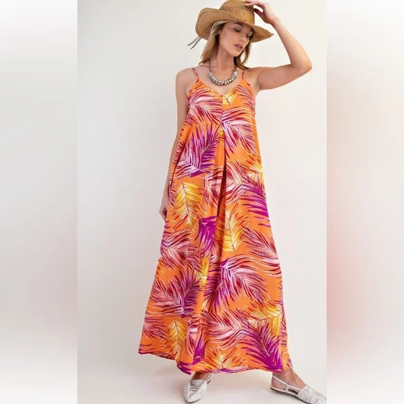 263 🇺🇸 1 left EASEL TROPICAL PRINT WOOL PEACH WIDE LEG JUMPSUIT - Picture 2 of 4